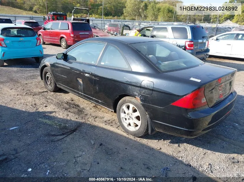 2003 Honda Civic Ex VIN: 1HGEM22983L024892 Lot: 40567916