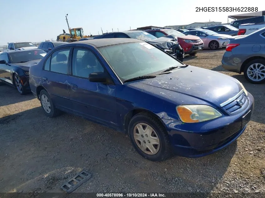 2003 Honda Civic Lx VIN: 2HGES15583H622888 Lot: 40578096