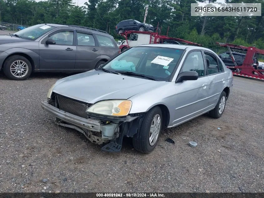 2003 Honda Civic Lx VIN: 2HGES16643H611720 Lot: 40591242