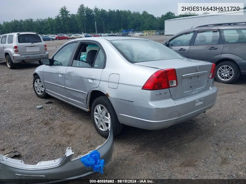 2003 Honda Civic Lx VIN: 2HGES16643H611720 Lot: 40591242