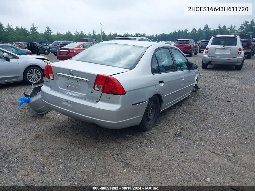 2003 Honda Civic Lx VIN: 2HGES16643H611720 Lot: 40591242