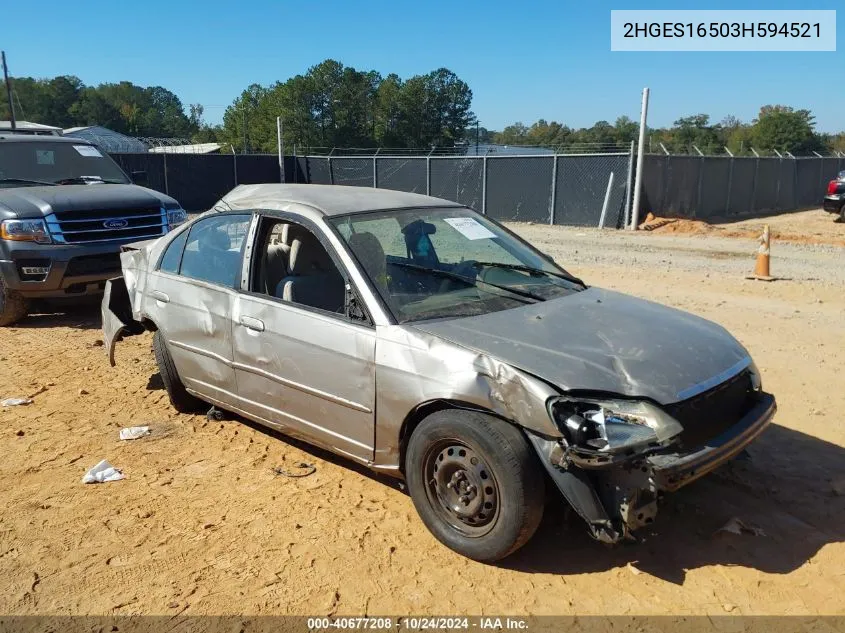 2003 Honda Civic Lx VIN: 2HGES16503H594521 Lot: 40677208