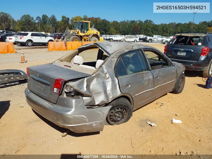 2003 Honda Civic Lx VIN: 2HGES16503H594521 Lot: 40677208