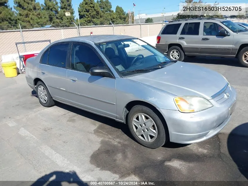 2003 Honda Civic Lx VIN: 2HGES16503H526705 Lot: 40700567