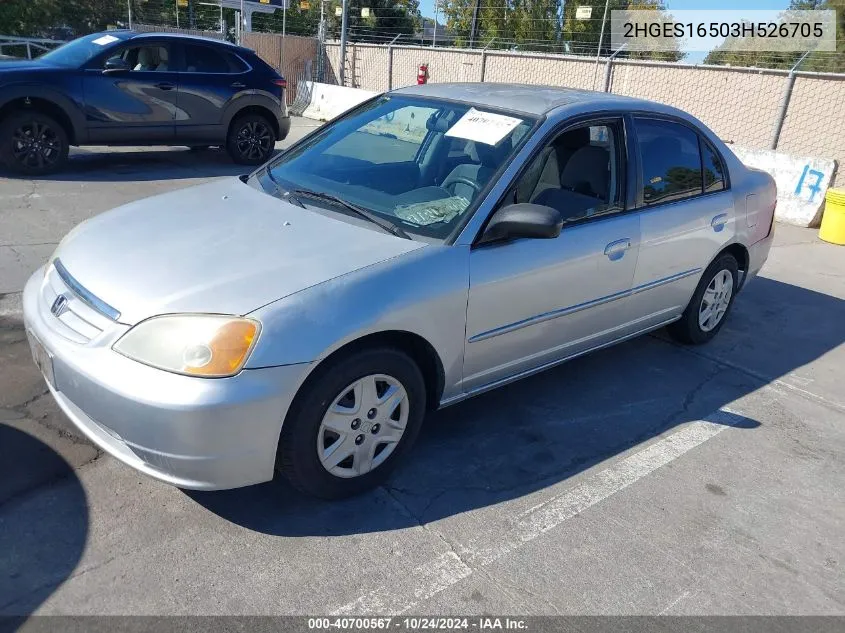 2003 Honda Civic Lx VIN: 2HGES16503H526705 Lot: 40700567