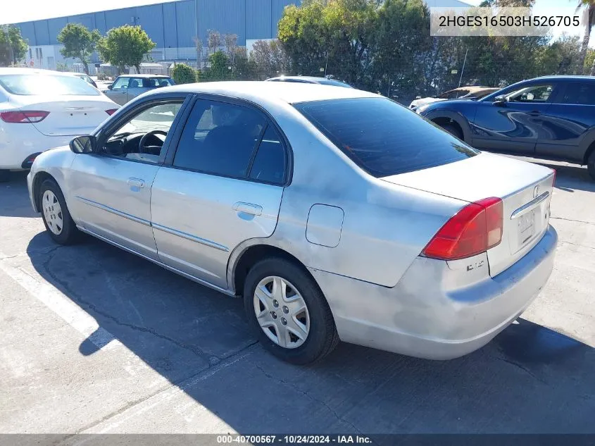 2003 Honda Civic Lx VIN: 2HGES16503H526705 Lot: 40700567