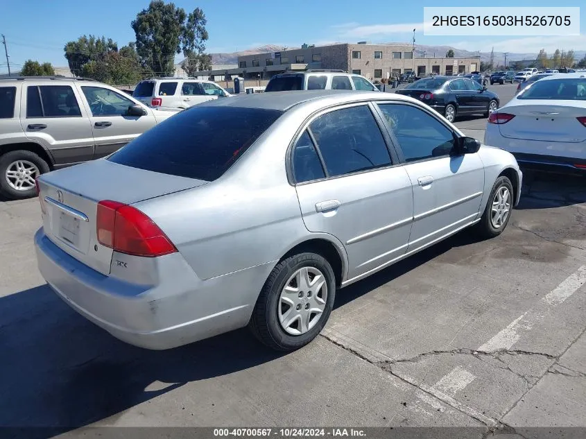 2003 Honda Civic Lx VIN: 2HGES16503H526705 Lot: 40700567