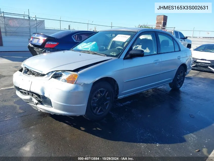 2003 Honda Civic Lx VIN: JHMES165X3S002631 Lot: 40713584