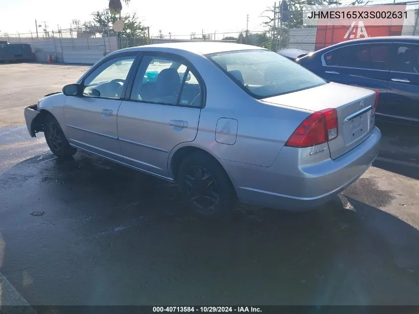 2003 Honda Civic Lx VIN: JHMES165X3S002631 Lot: 40713584