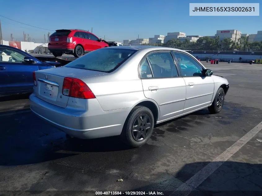 2003 Honda Civic Lx VIN: JHMES165X3S002631 Lot: 40713584