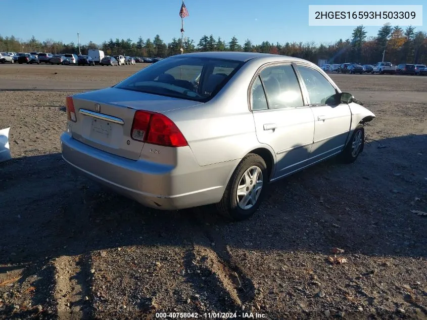 2003 Honda Civic Lx VIN: 2HGES16593H503309 Lot: 40758042