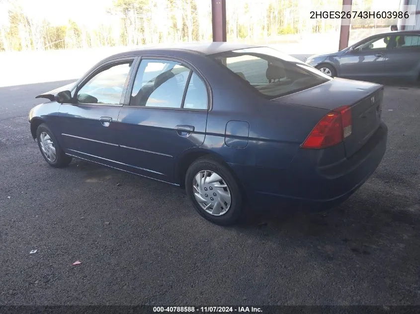 2003 Honda Civic Ex VIN: 2HGES26743H603986 Lot: 40788588