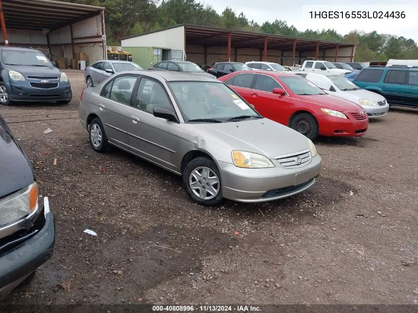 2003 Honda Civic Lx VIN: 1HGES16553L024436 Lot: 40808996