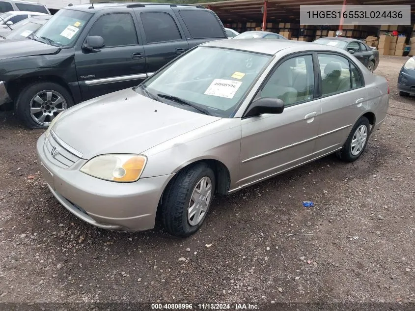 2003 Honda Civic Lx VIN: 1HGES16553L024436 Lot: 40808996