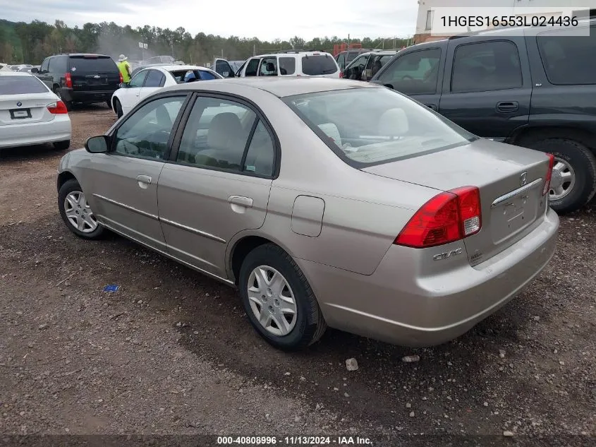 2003 Honda Civic Lx VIN: 1HGES16553L024436 Lot: 40808996