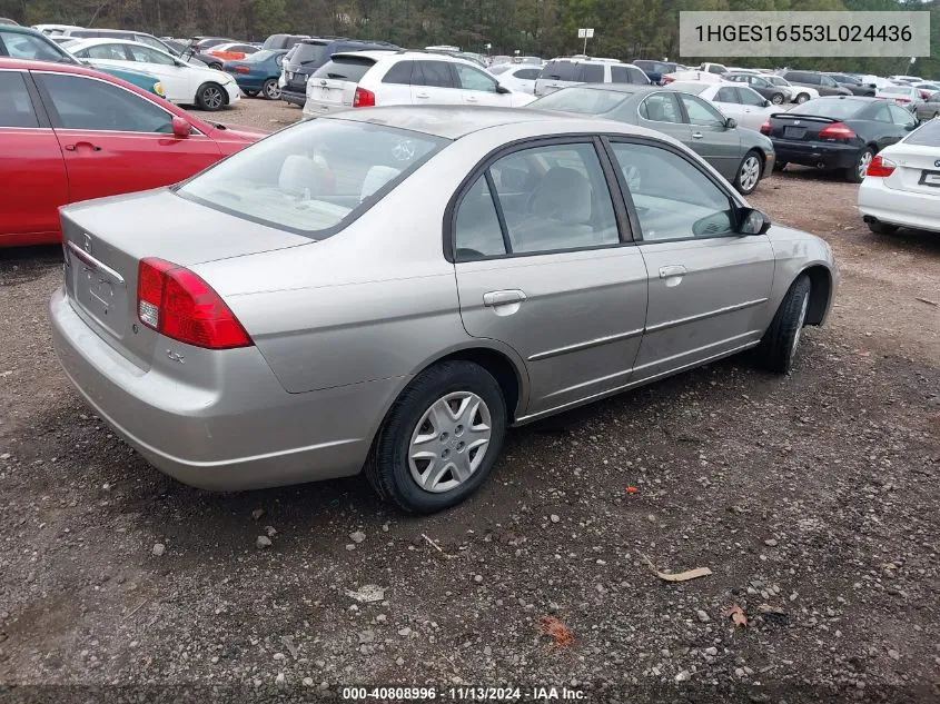 2003 Honda Civic Lx VIN: 1HGES16553L024436 Lot: 40808996