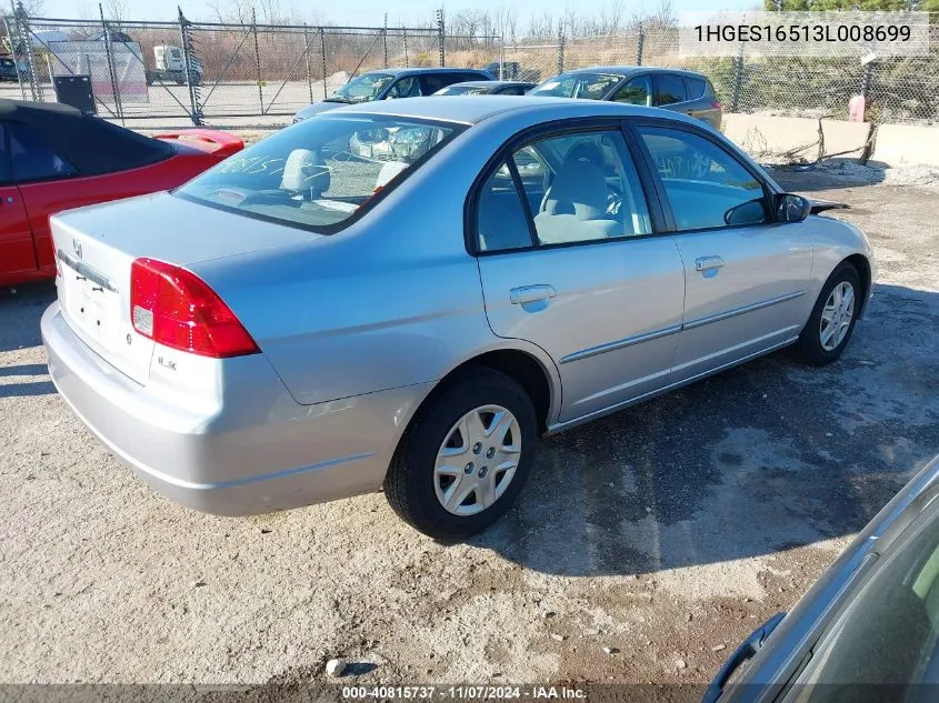 2003 Honda Civic Lx VIN: 1HGES16513L008699 Lot: 40815737