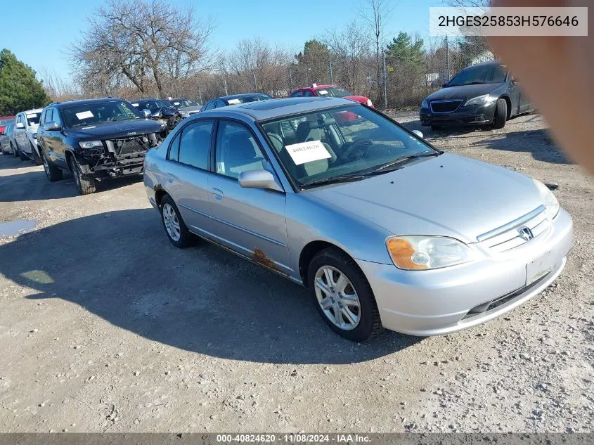 2003 Honda Civic Ex VIN: 2HGES25853H576646 Lot: 40824620