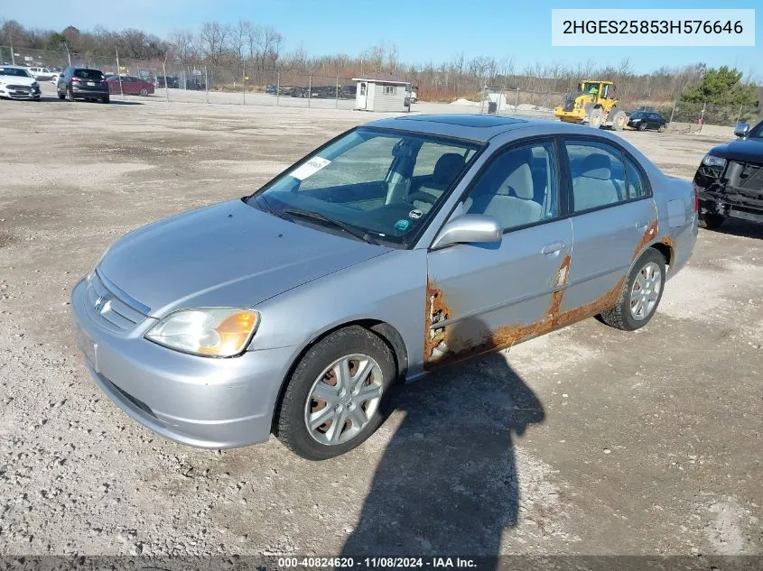 2003 Honda Civic Ex VIN: 2HGES25853H576646 Lot: 40824620