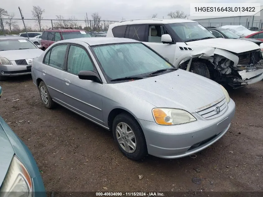 2003 Honda Civic Lx VIN: 1HGES16643L013422 Lot: 40834090