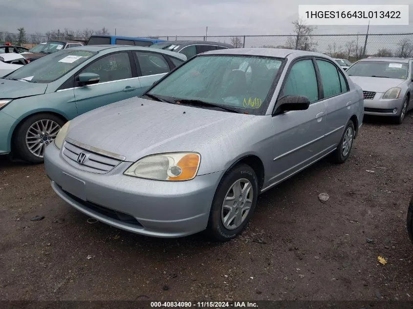 2003 Honda Civic Lx VIN: 1HGES16643L013422 Lot: 40834090