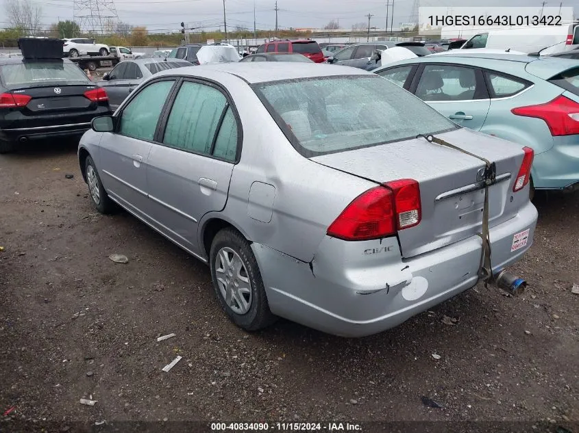 2003 Honda Civic Lx VIN: 1HGES16643L013422 Lot: 40834090