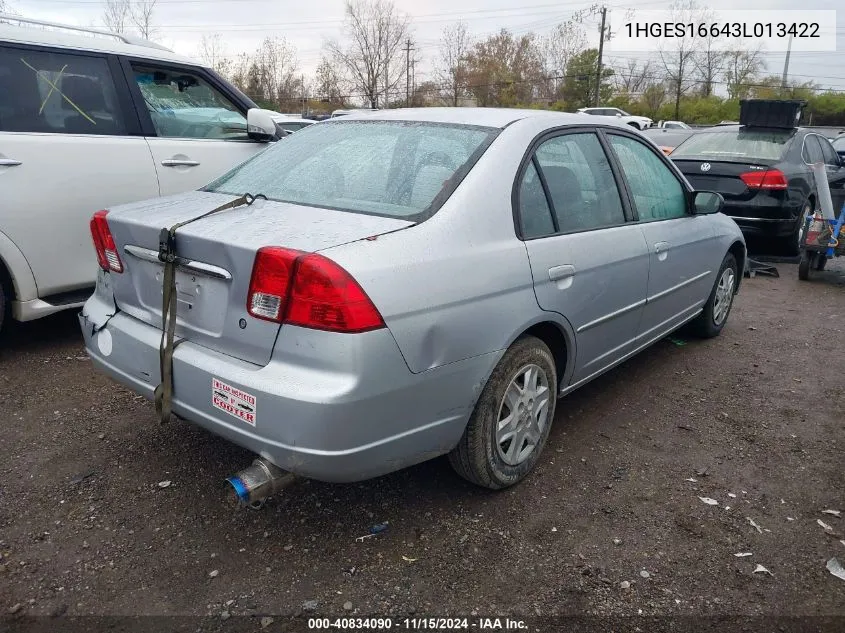 2003 Honda Civic Lx VIN: 1HGES16643L013422 Lot: 40834090