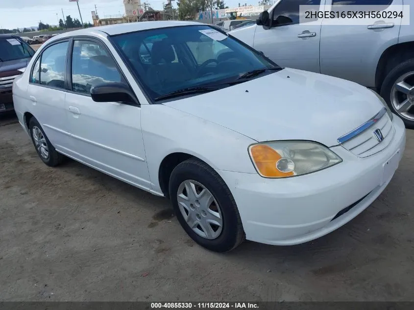 2003 Honda Civic Lx VIN: 2HGES165X3H560294 Lot: 40855330