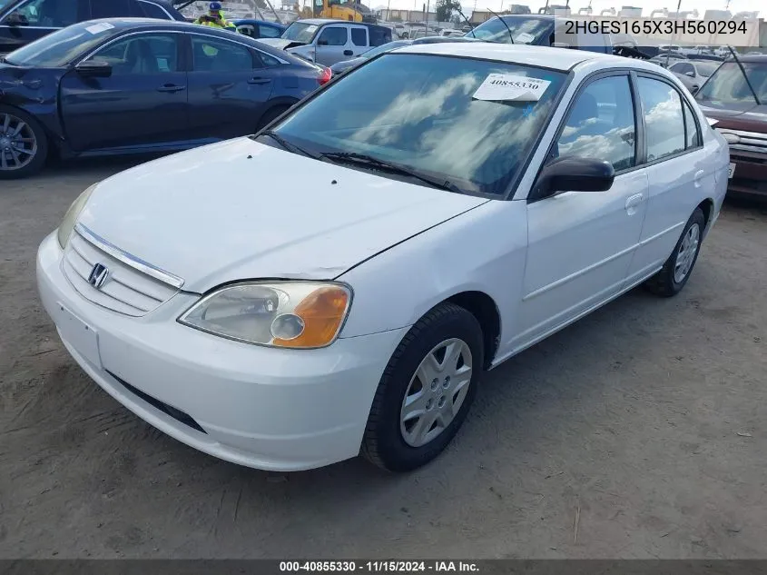 2003 Honda Civic Lx VIN: 2HGES165X3H560294 Lot: 40855330