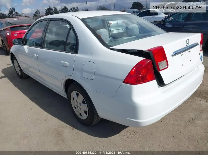 2003 Honda Civic Lx VIN: 2HGES165X3H560294 Lot: 40855330