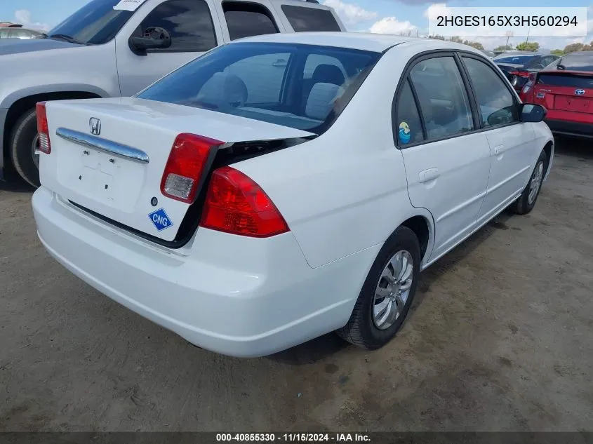 2003 Honda Civic Lx VIN: 2HGES165X3H560294 Lot: 40855330