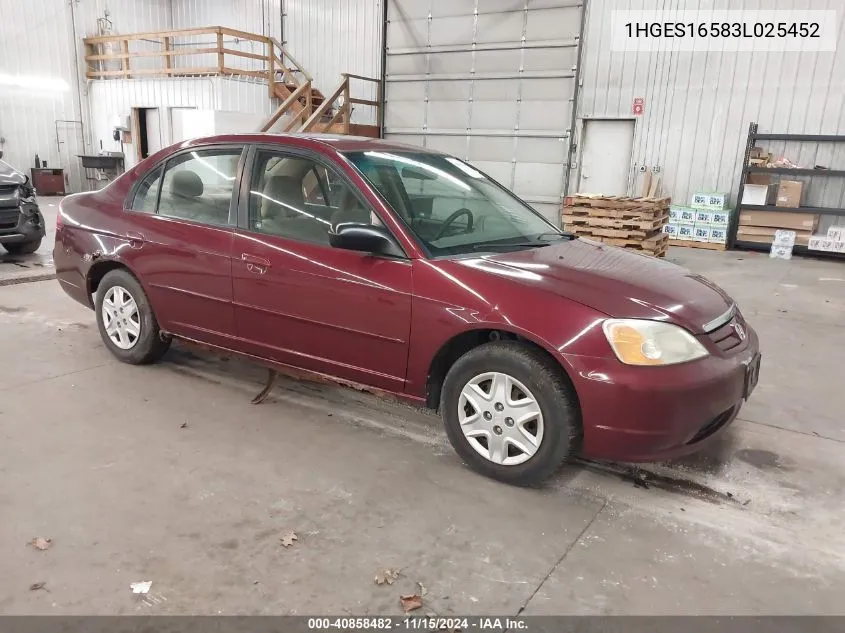 2003 Honda Civic Lx VIN: 1HGES16583L025452 Lot: 40858482