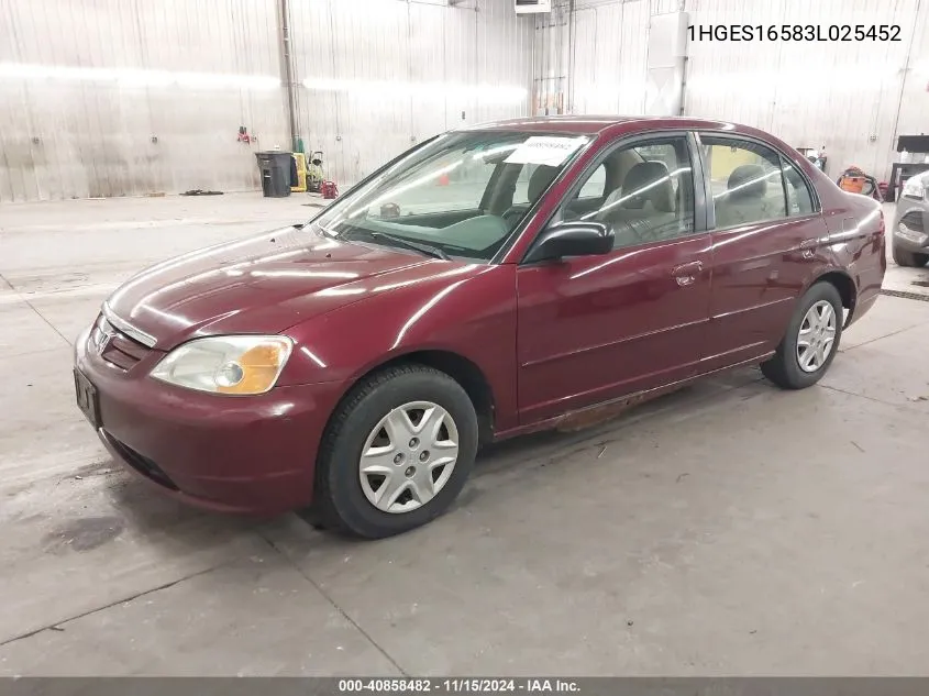 2003 Honda Civic Lx VIN: 1HGES16583L025452 Lot: 40858482