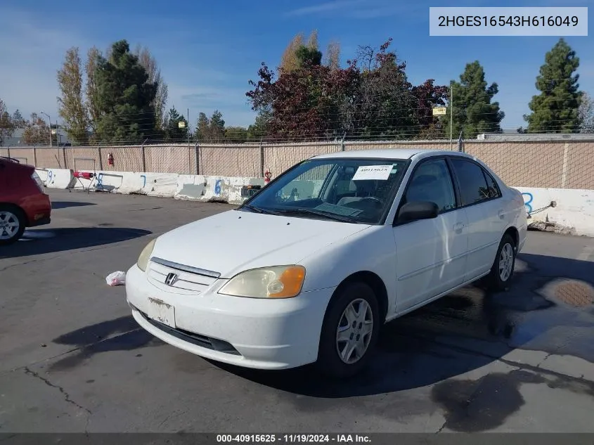 2003 Honda Civic Lx VIN: 2HGES16543H616049 Lot: 40915625