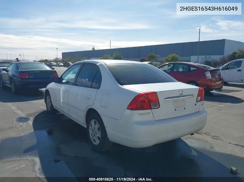 2003 Honda Civic Lx VIN: 2HGES16543H616049 Lot: 40915625