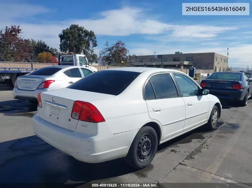 2003 Honda Civic Lx VIN: 2HGES16543H616049 Lot: 40915625