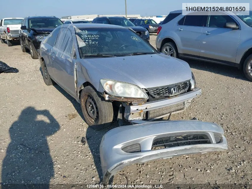 2004 Honda Civic Cpe VIN: 1HGEM21524L801650 Lot: 12066136