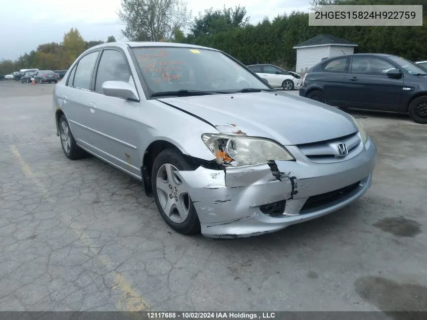 2004 Honda Civic VIN: 2HGES15824H922759 Lot: 12117688