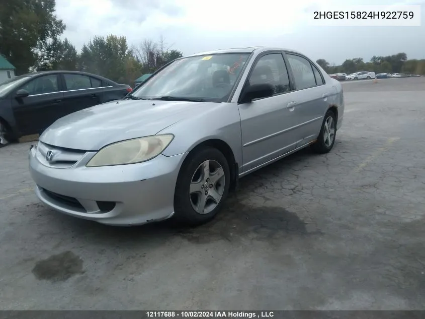 2004 Honda Civic VIN: 2HGES15824H922759 Lot: 12117688