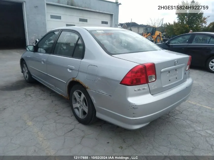 2004 Honda Civic VIN: 2HGES15824H922759 Lot: 12117688