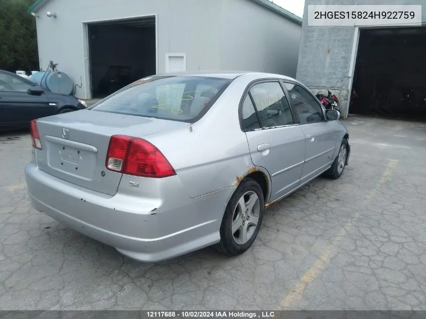 2004 Honda Civic VIN: 2HGES15824H922759 Lot: 12117688