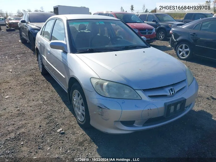 2004 Honda Civic Sdn VIN: 2HGES16684H939708 Lot: 12126910