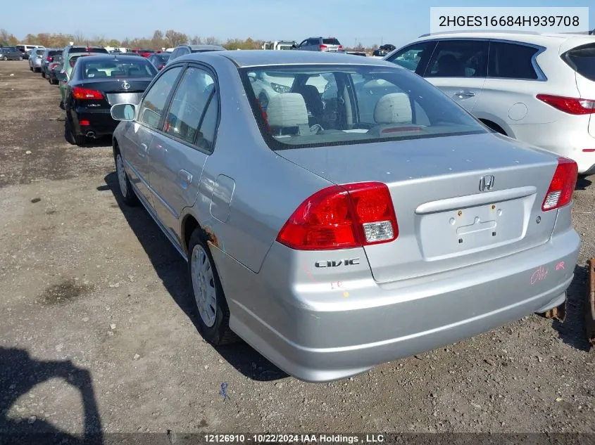 2004 Honda Civic Sdn VIN: 2HGES16684H939708 Lot: 12126910