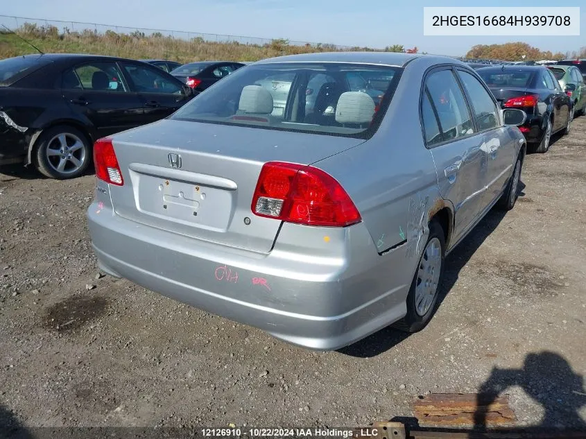 2004 Honda Civic Sdn VIN: 2HGES16684H939708 Lot: 12126910