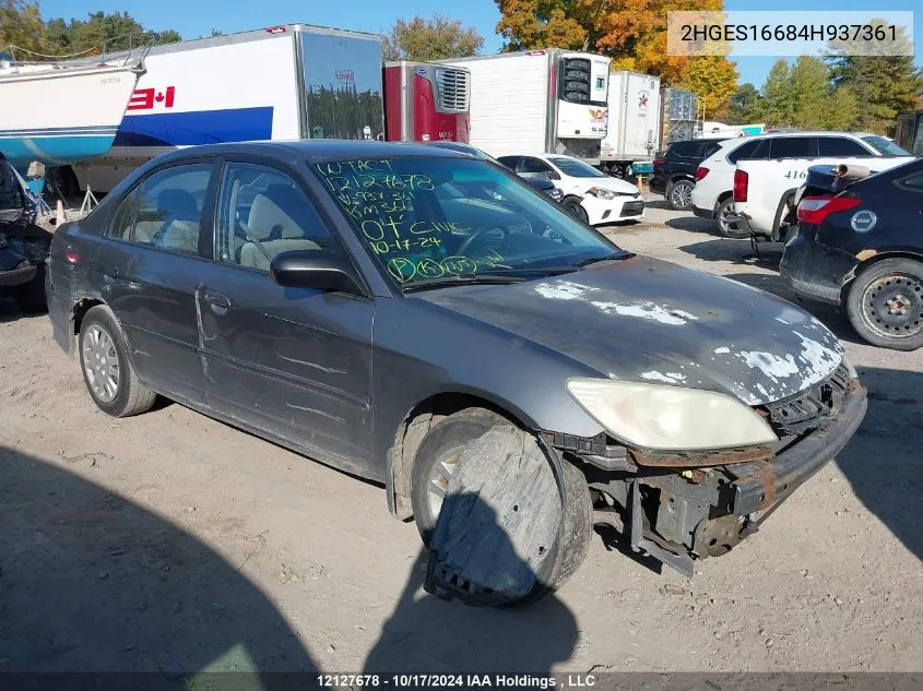 2004 Honda Civic VIN: 2HGES16684H937361 Lot: 12127678