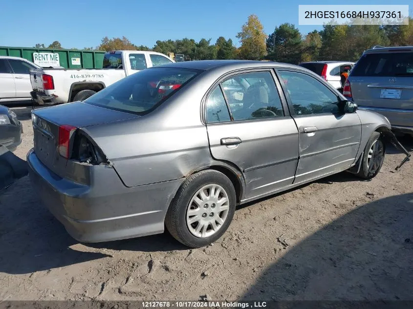 2004 Honda Civic VIN: 2HGES16684H937361 Lot: 12127678