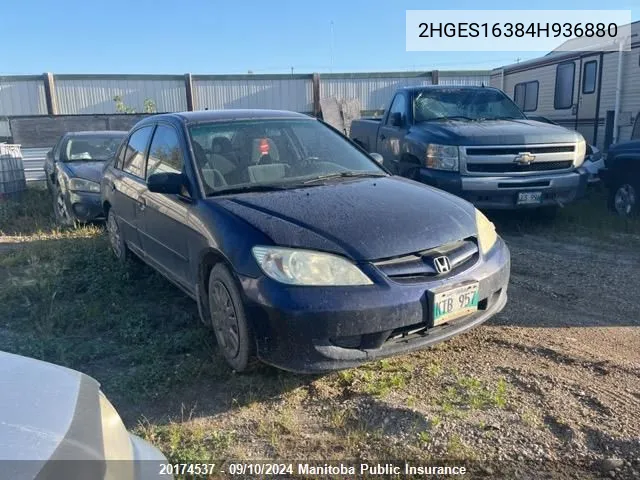 2004 Honda Civic Se VIN: 2HGES16384H936880 Lot: 20174537