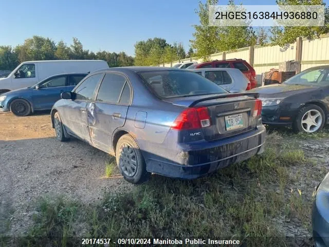 2004 Honda Civic Se VIN: 2HGES16384H936880 Lot: 20174537