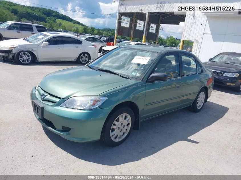 2004 Honda Civic Lx VIN: 2HGES16584H515226 Lot: 39514494