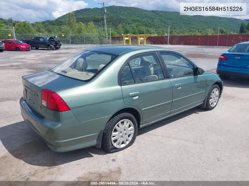 2004 Honda Civic Lx VIN: 2HGES16584H515226 Lot: 39514494